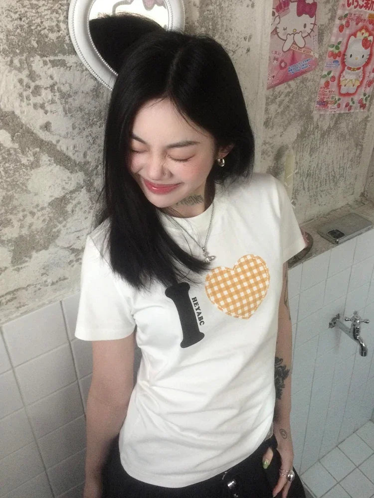 Summer Love Pattern Print T-shirt Women Short Sleeve Casual Y2k Vintage Tops Streetwear T Shirt  American Fashion Tee