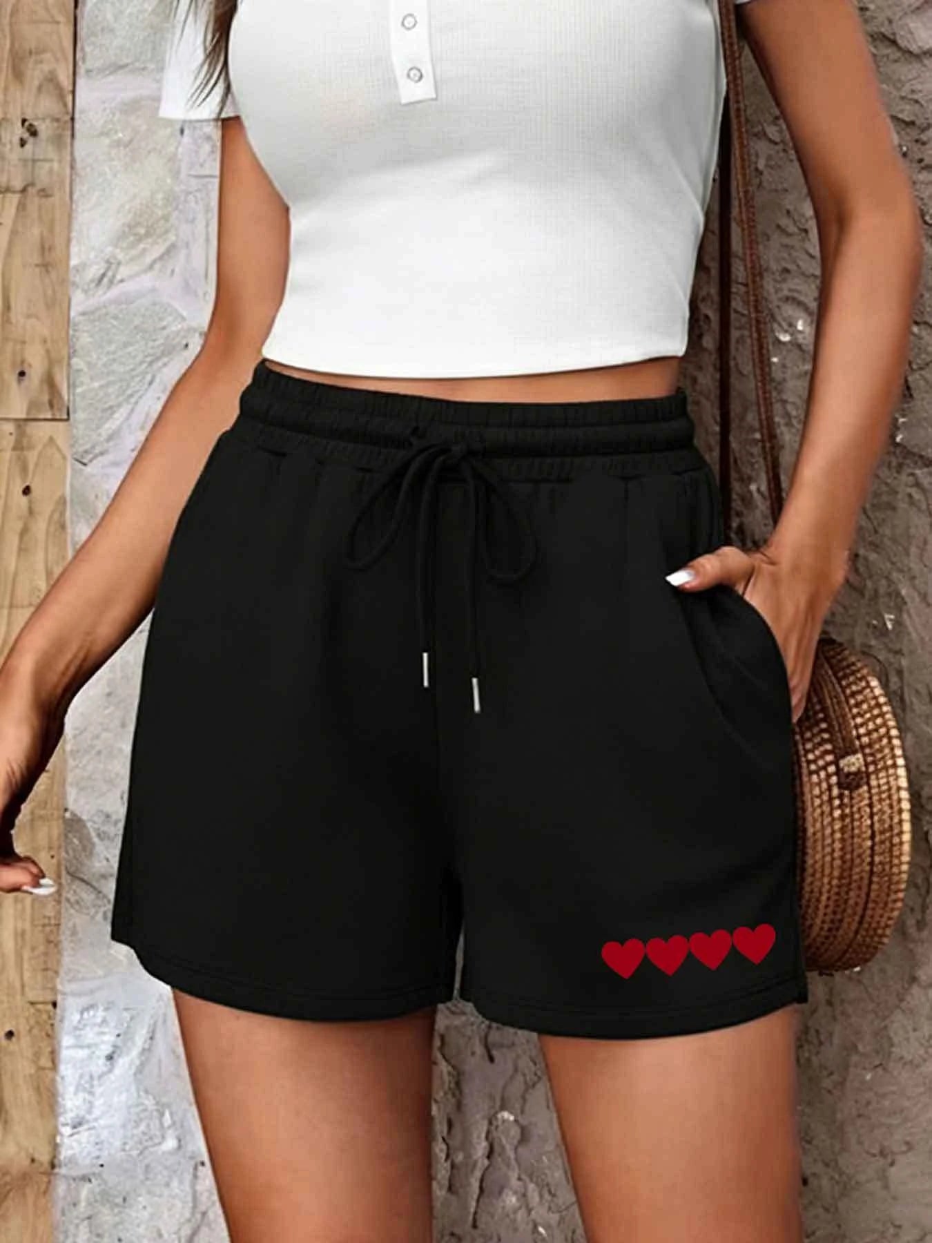 Stylish and Minimalist Shorts for Women, Featuring A Heart Print Design, with A Drawstring Elastic Waist for A Fashionable Look