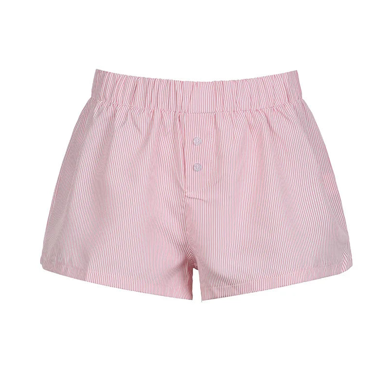 Striped Print Casual Shorts for Women Elastic Waist Fashion Button Bottoms Streetwear Chic Basic Y2K Loose Shorts