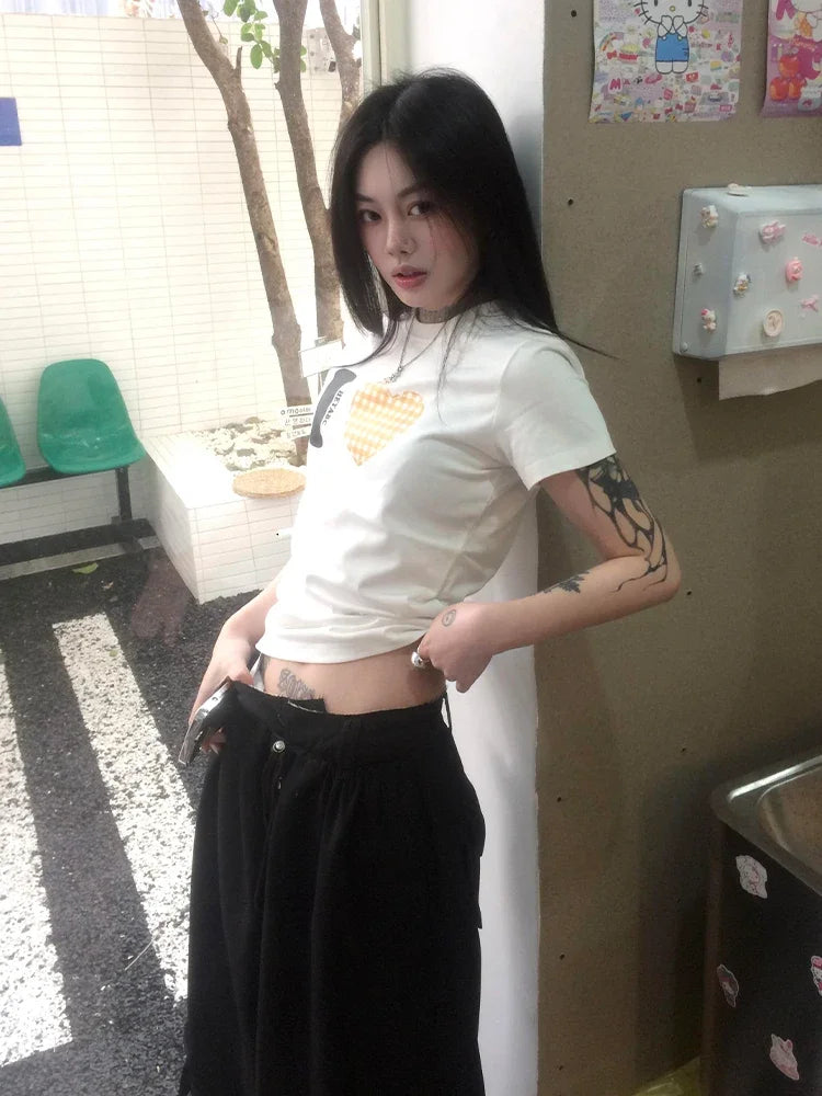 Summer Love Pattern Print T-shirt Women Short Sleeve Casual Y2k Vintage Tops Streetwear T Shirt  American Fashion Tee