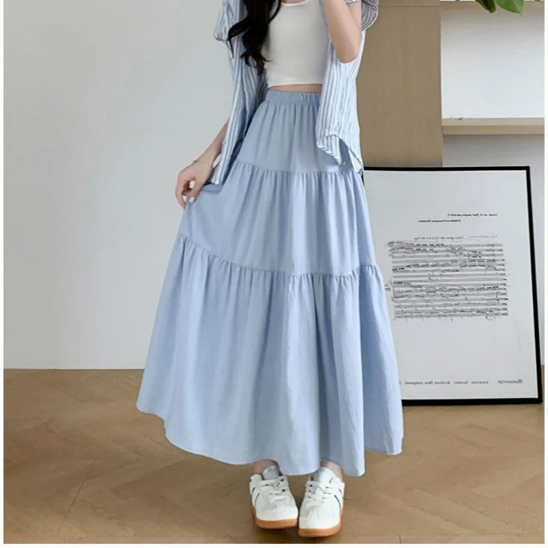 Elegant Solid A-LIne Cake Long Skirts Fashion Women Vintage High Waist Elastic Spring Dresses Office Lady Commute Chic Skirt