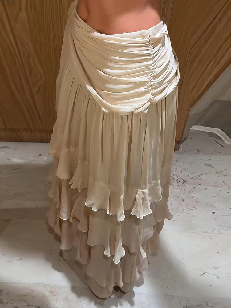 Ruffled Tiered Maxi Skirt Waist Tie High Slit Chiffon French Style Flowy Women Skirts 2026 Spring Summer Solid Fashion Outfits