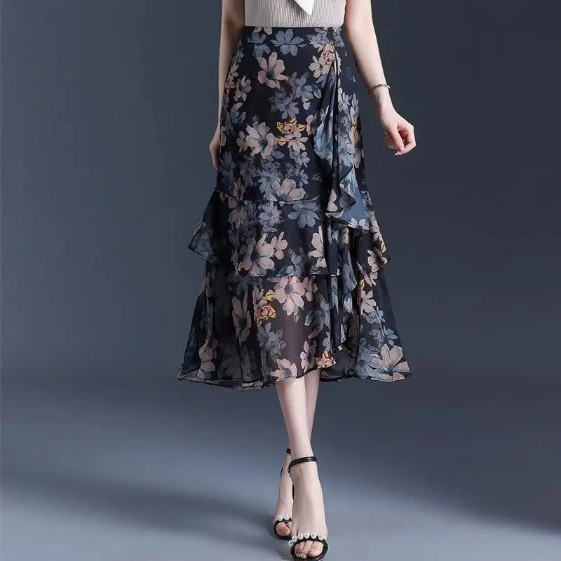 Printing Fashion Floral Skirts Summer New High Waist Chiffon A-line Skirt Ladies Fashionable Ruffles Irregular High Waist Skirt