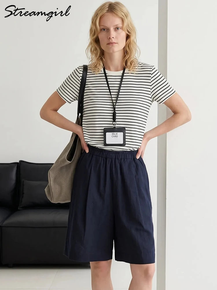 Summer White Bermuda Shorts For Women Loose A Line Lyocell Long Shorts Baggy Lady High Waist Women's Navy Wide Leg Shorts Cotton