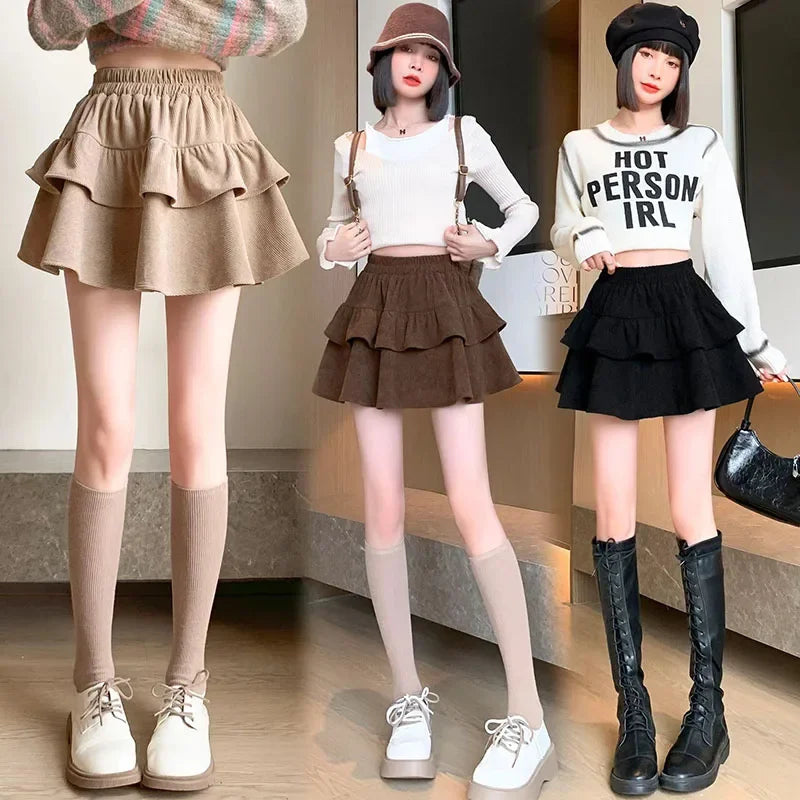 Fanan High Waist Puffy Ruffles A-line Skirt Ladies 2024 Autumn New All-match Corduroy Pleated Skirts Y2K Vintage Cake Mini Skirt