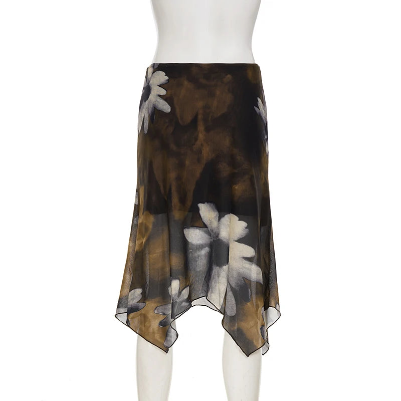 SUCHCUTE Y2K Floral Print Mesh Asymmetrical Skirt Woman Low Rise Midi A-line Skirts Aestheics 2000s Clothing Summer Outfit 2026