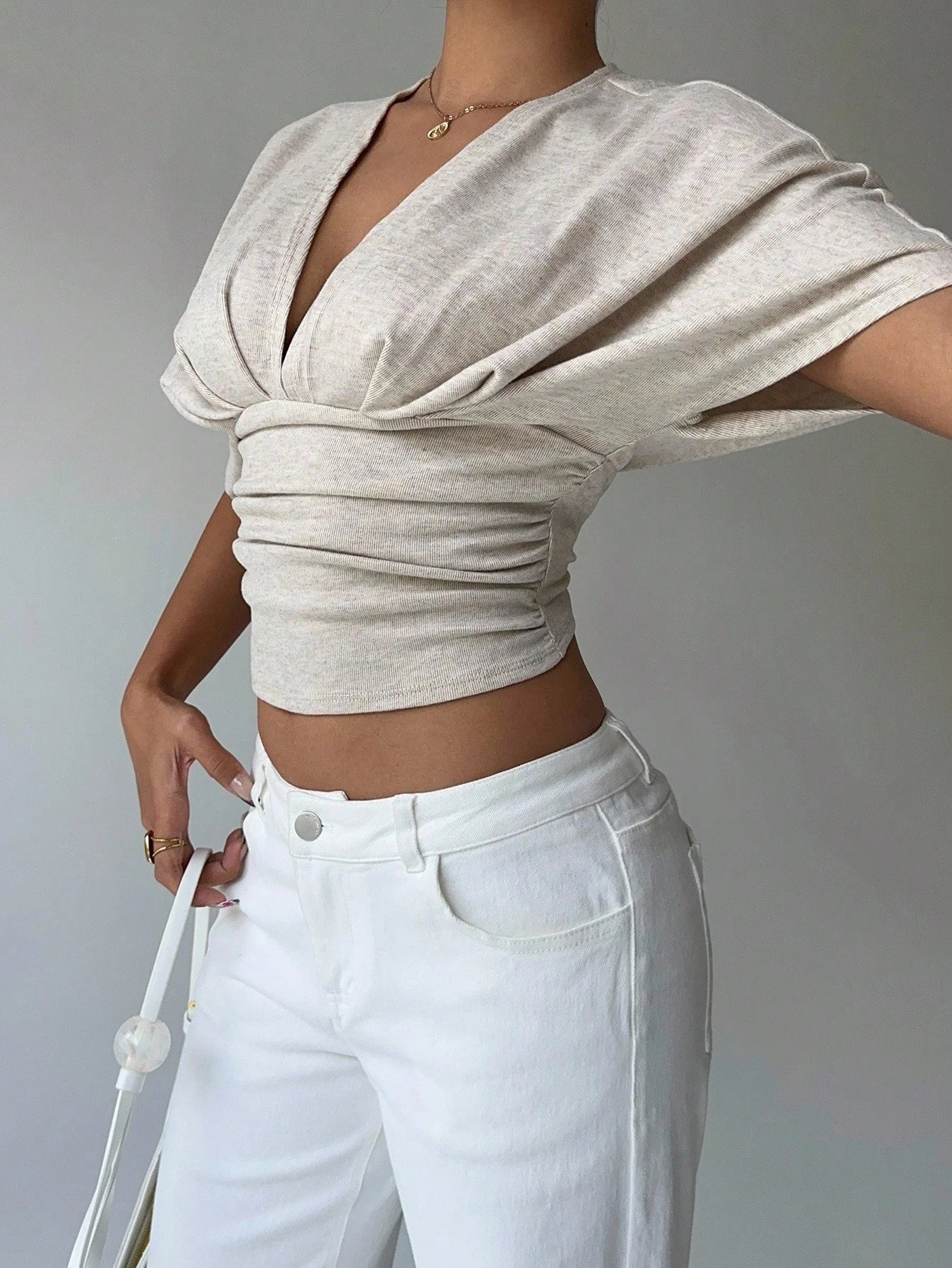 Women's Summer Apricot Deep V-Fold Short Sleeve Tight fitting Women's T-shirt