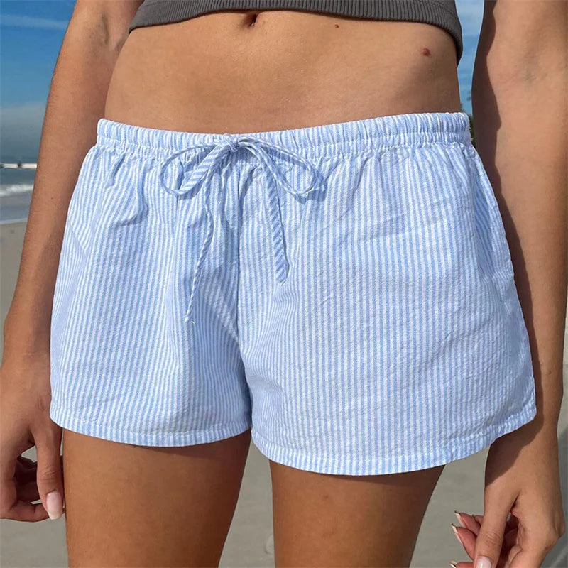 Casual Striped Shorts Women y2k Clothing Drawstring Elastic Wai...