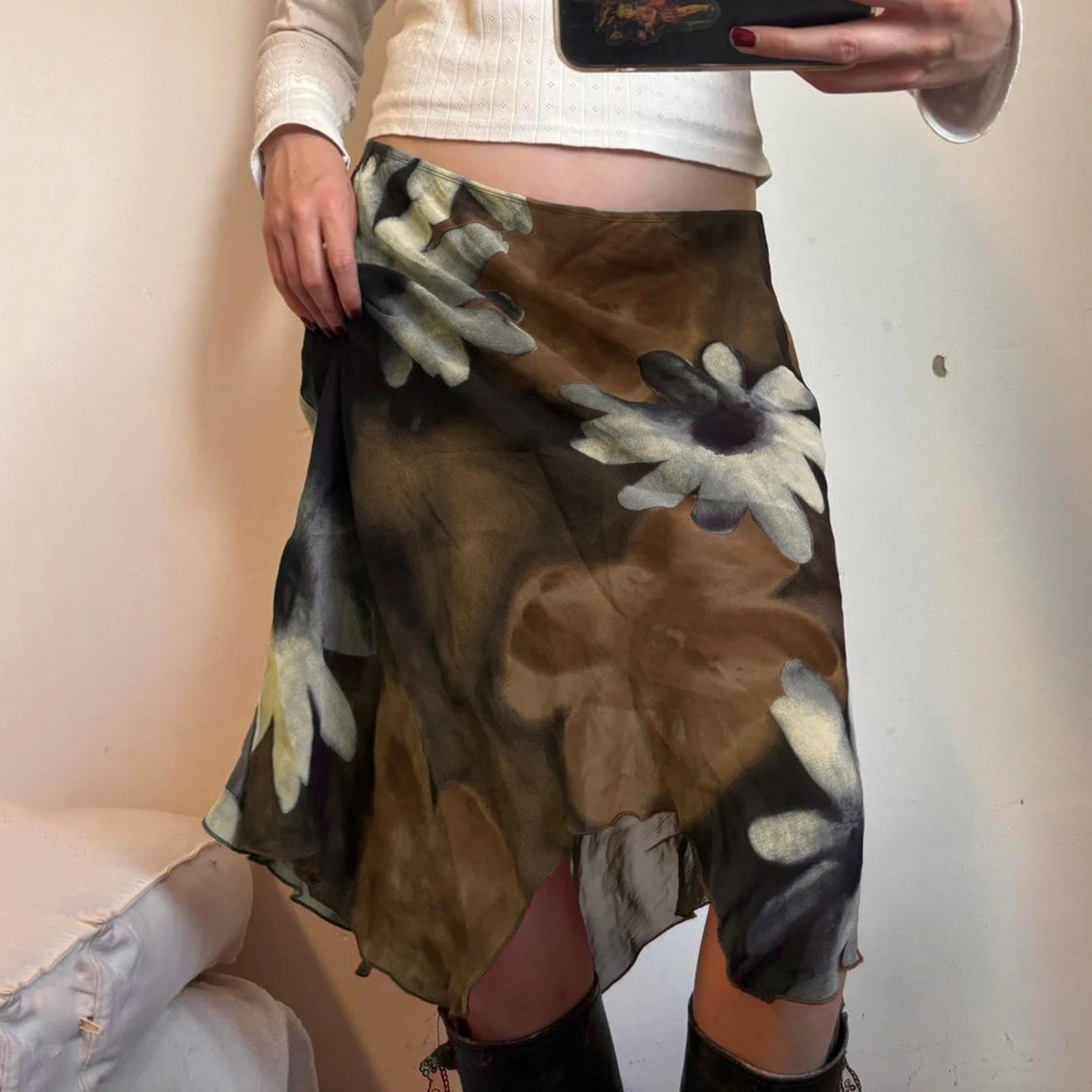 SUCHCUTE Y2K Floral Print Mesh Asymmetrical Skirt Woman Low Rise Midi A-line Skirts Aestheics 2000s Clothing Summer Outfit 2026