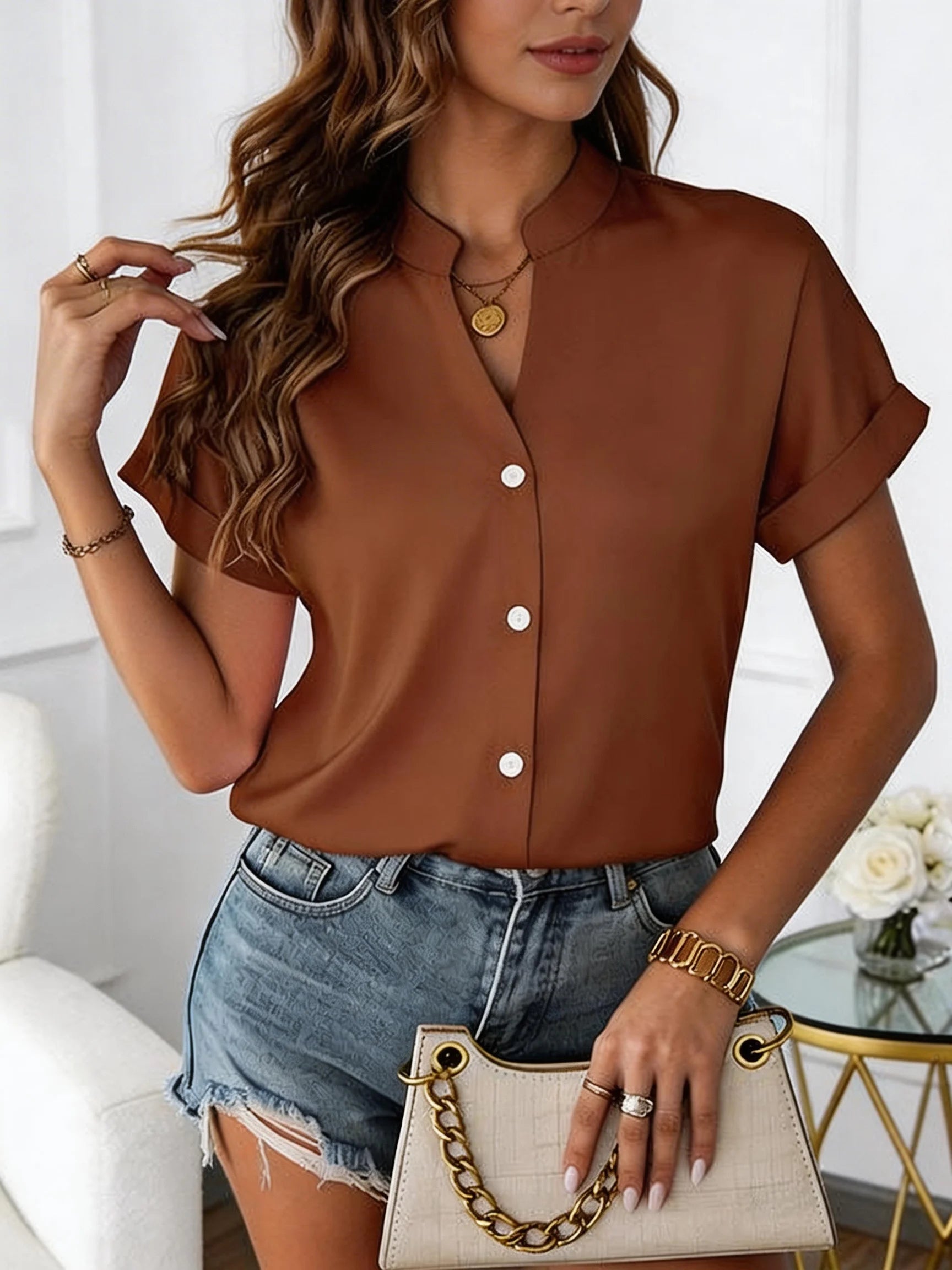 European style simple V-neck blouse for women - Summer short-sleeved loose-fitting slimming professional business shirt