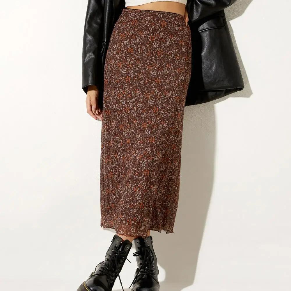 Women Y2K Fairy Grunge Midi Skirt A Line Pleated Bodycon Long Skirt Floral Print Mesh Maxi Skirts Vintage Fairycore Streetwear
