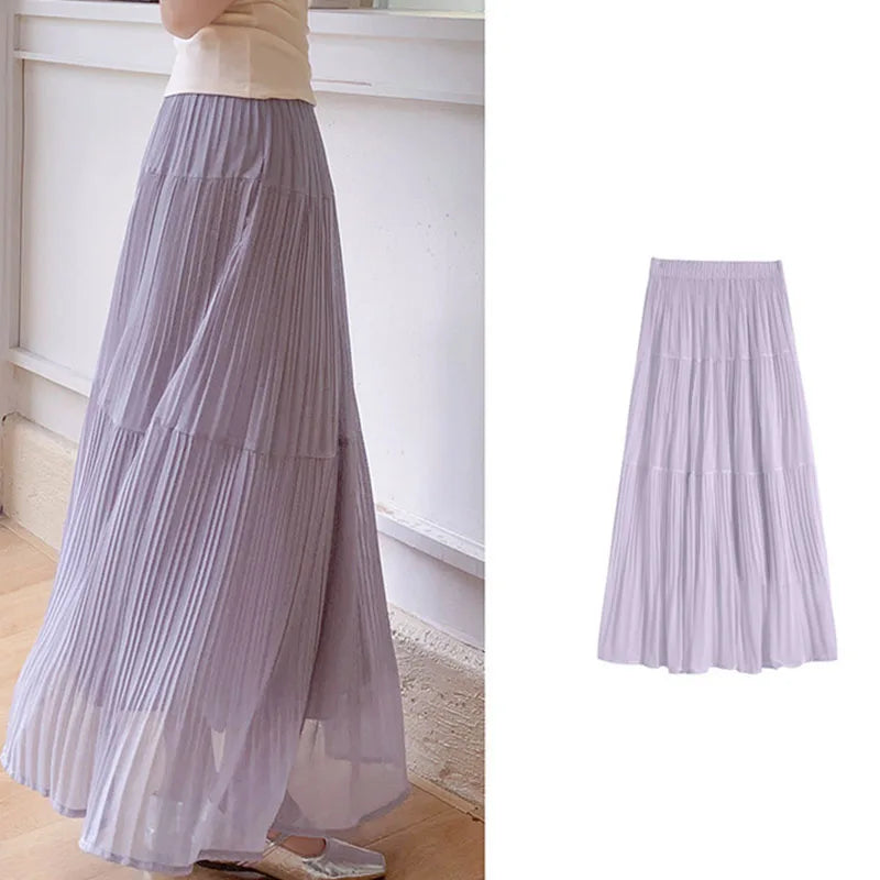 Summer New Purple Chiffon Skirts Women 2026 Streetwear High Waist Slimming Long Skirts Fairy Sheer Spliced A-line Pleated Skirt