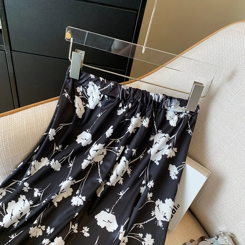Summer Casual Skirt Womens A-Line Skirts Fashion Vintage Floral Printed Chiffon Skirts Elastic High Waist Midi Beach Skirts