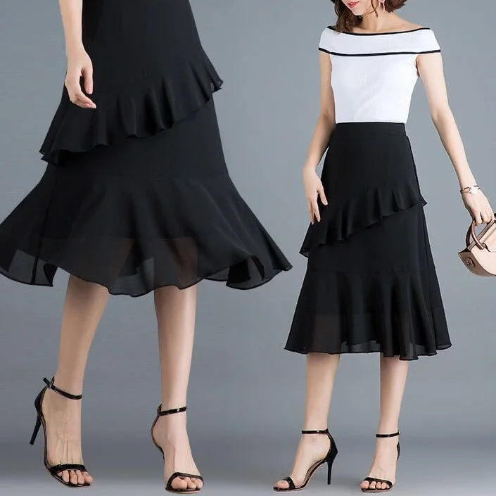 Elegant Vintage Women Floral Chiffon Midi Skirt Koreon Fashion New High Waist Y2k Irregular Ruffles Spring Summer Casual Skirts