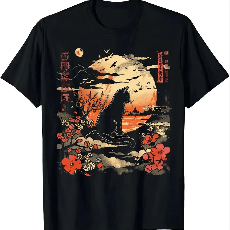 Cute Retro Japanese Style Cat Print T-shirts Summer Women Men Funny Casual Fashion Streetwear Y2K Tops O-Neck Short Sleeve Tees
