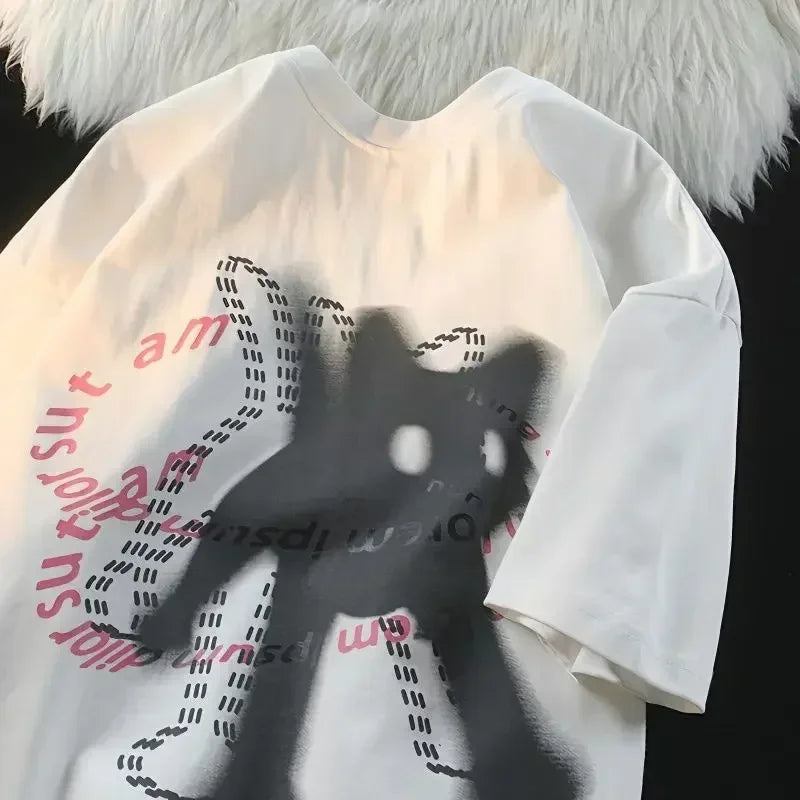 Cute T-shirt Women Design O-neck Short-sleeved Ins Trend Couple Cat Print Versatile Loose Y2k Top Women's T-shirt Graphic