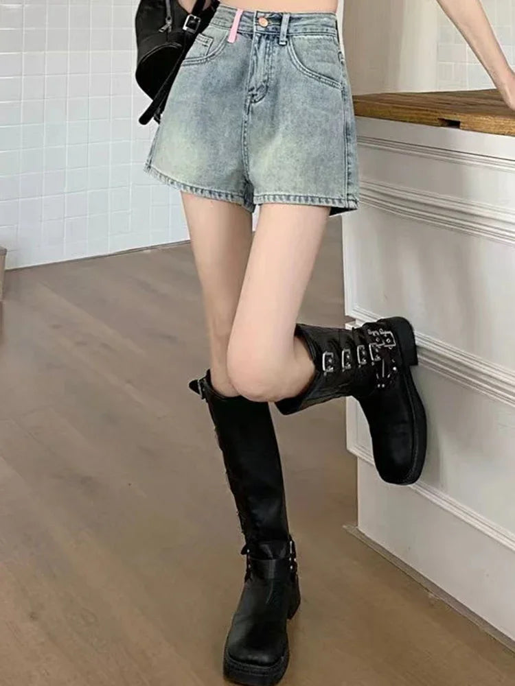 Girls Korean High Waist Denim Wide Leg Shorts Women High Street Y2k Short Pants Female Fashion Blue Hot Slacks Jeans Plus Size