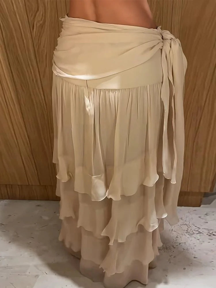 Ruffled Tiered Maxi Skirt Waist Tie High Slit Chiffon French Style Flowy Women Skirts 2026 Spring Summer Solid Fashion Outfits