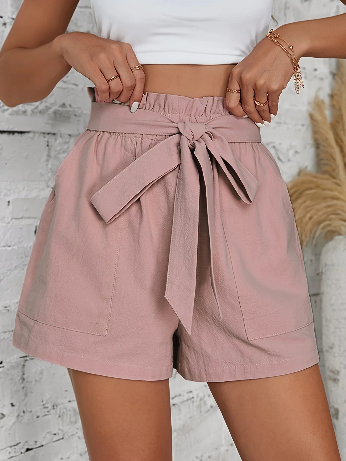 2026 Summer New Style Casual Commuter Style Ruffled High-Waisted Wide-Leg Shorts with Tie-Waist Slimming Effect Loose A-Line Shorts Suitable for Young Women