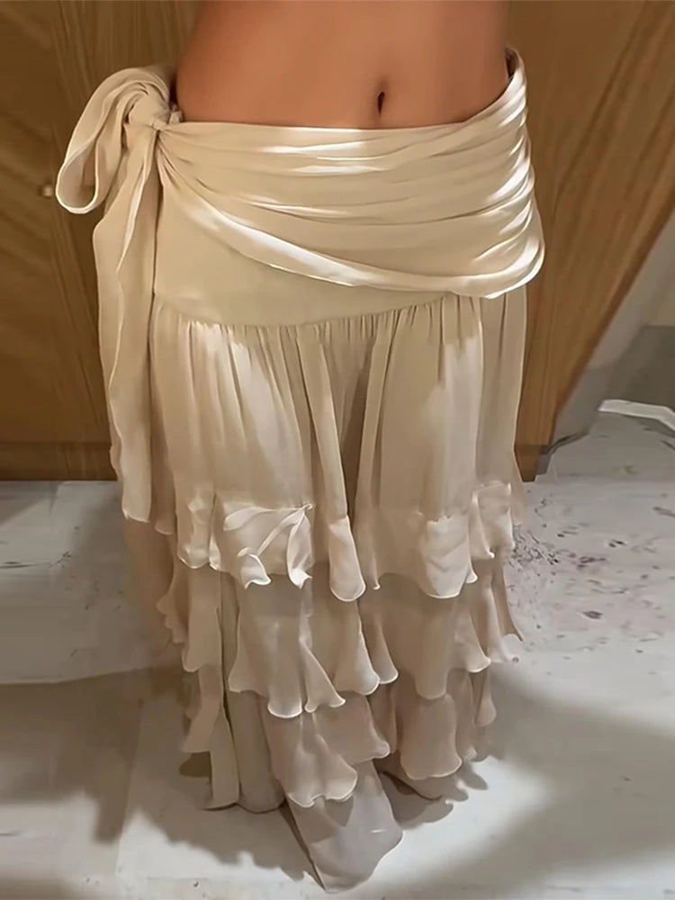 Ruffled Tiered Maxi Skirt Waist Tie High Slit Chiffon French Style Flowy Women Skirts 2026 Spring Summer Solid Fashion Outfits