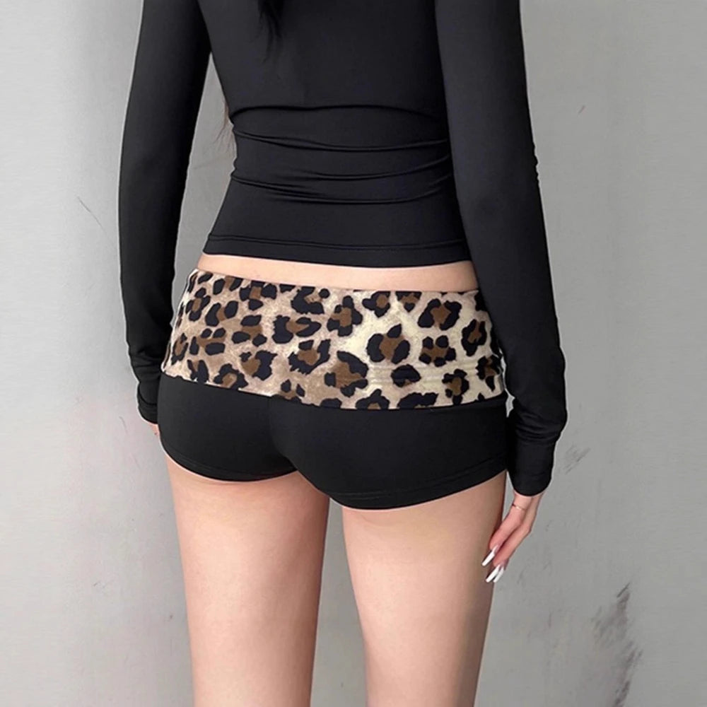 Womens Sexy Sport Shorts Leopard Low Waist Lapel Yoga Shorts Korean Frayed Ladies Skinny Streetwear Double-layer Elastic Shorts
