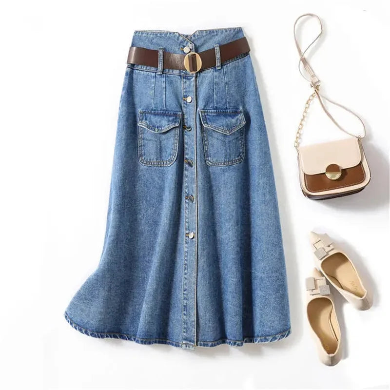 2026 Spring Summer New Fashion High Waist Slimming A-line Design Sense Denim Half Skirt for Women Medium Long Casual Half Skirts