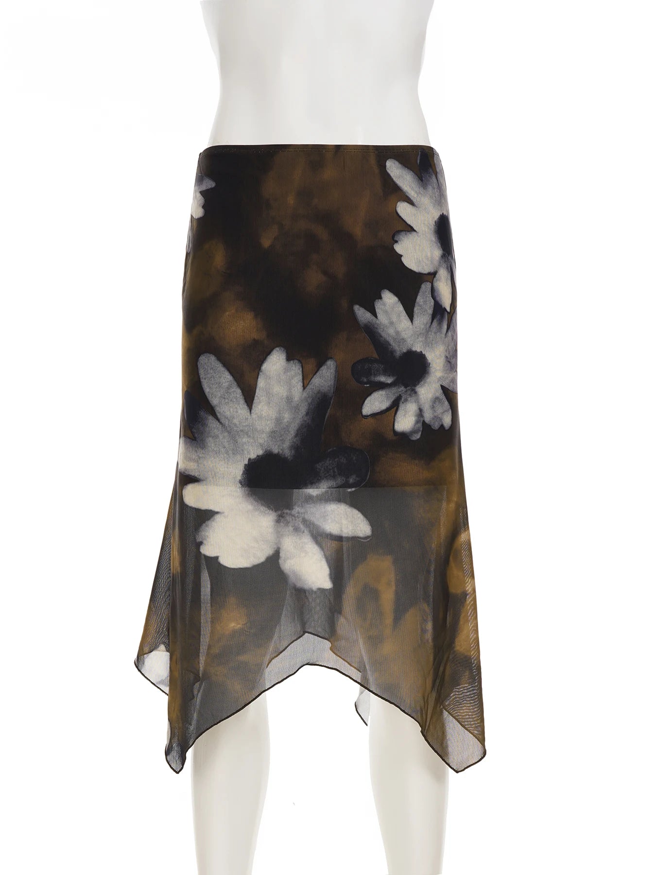 SUCHCUTE Y2K Floral Print Mesh Asymmetrical Skirt Woman Low Rise Midi A-line Skirts Aestheics 2000s Clothing Summer Outfit 2026