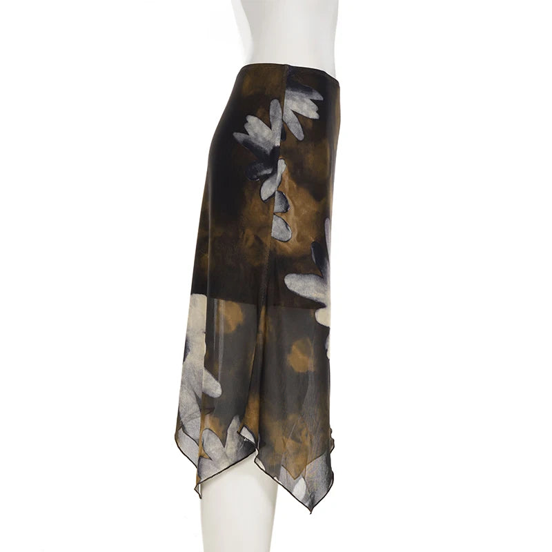 SUCHCUTE Y2K Floral Print Mesh Asymmetrical Skirt Woman Low Rise Midi A-line Skirts Aestheics 2000s Clothing Summer Outfit 2026