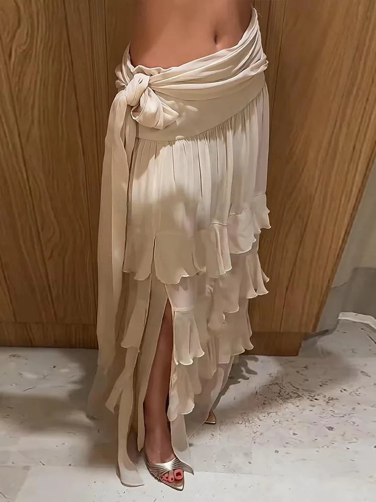 Ruffled Tiered Maxi Skirt Waist Tie High Slit Chiffon French Style Flowy Women Skirts 2026 Spring Summer Solid Fashion Outfits