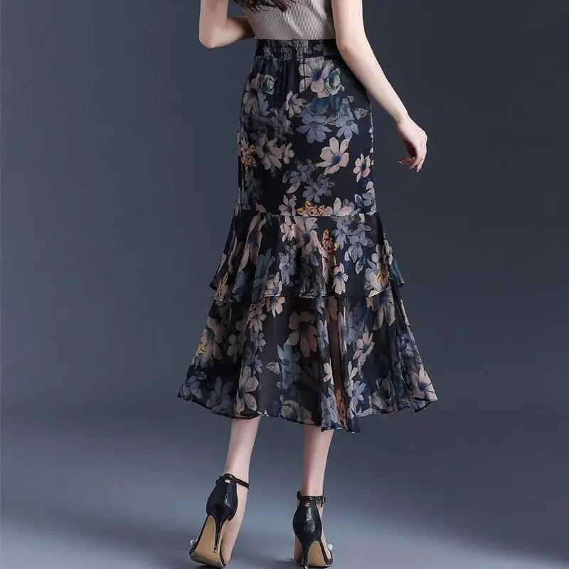 Printing Fashion Floral Skirts Summer New High Waist Chiffon A-line Skirt Ladies Fashionable Ruffles Irregular High Waist Skirt