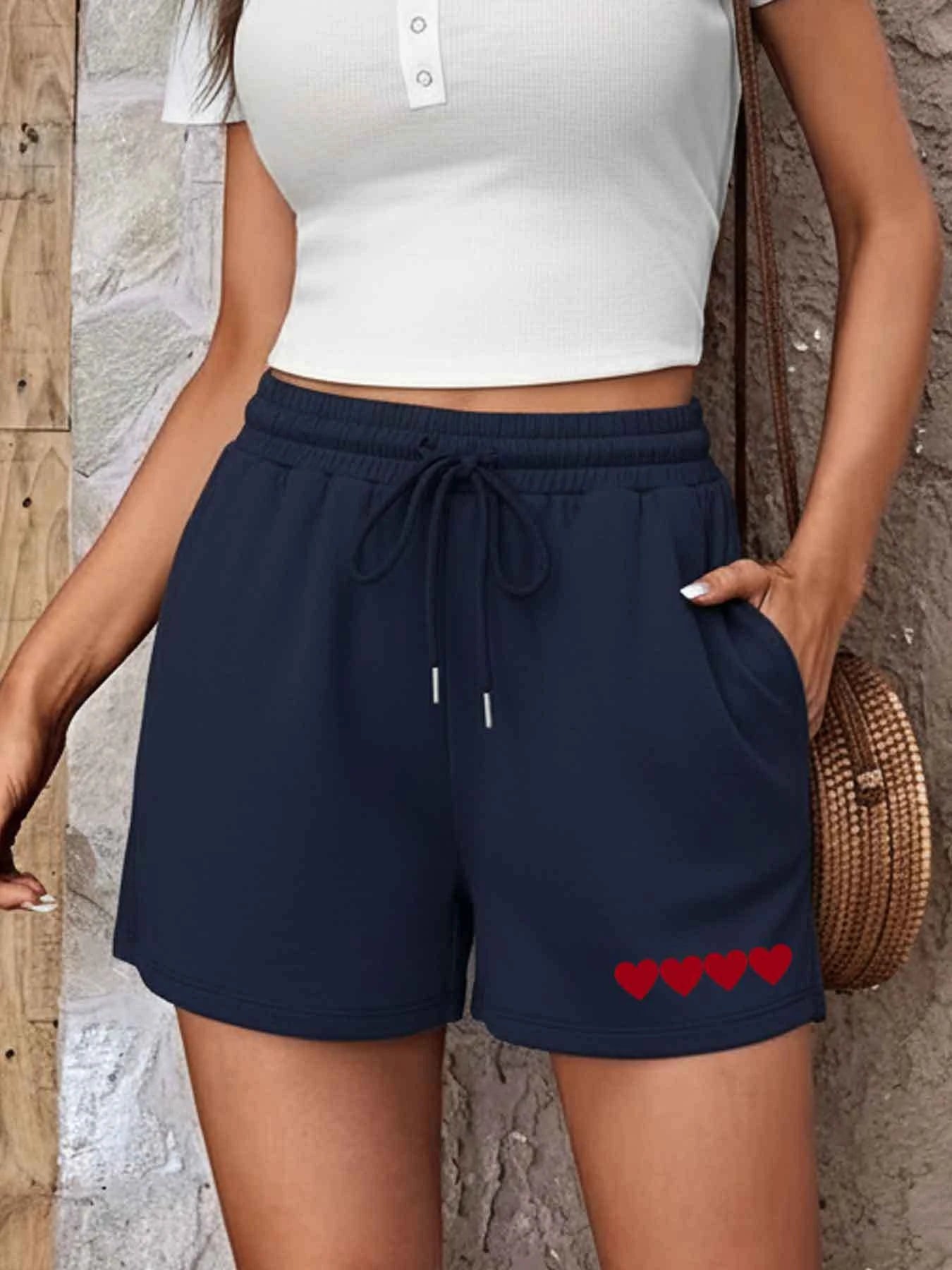 Stylish and Minimalist Shorts for Women, Featuring A Heart Print Design, with A Drawstring Elastic Waist for A Fashionable Look