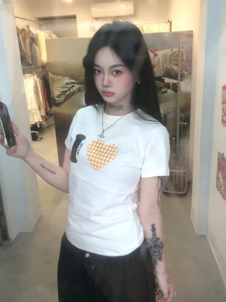 Summer Love Pattern Print T-shirt Women Short Sleeve Casual Y2k Vintage Tops Streetwear T Shirt  American Fashion Tee