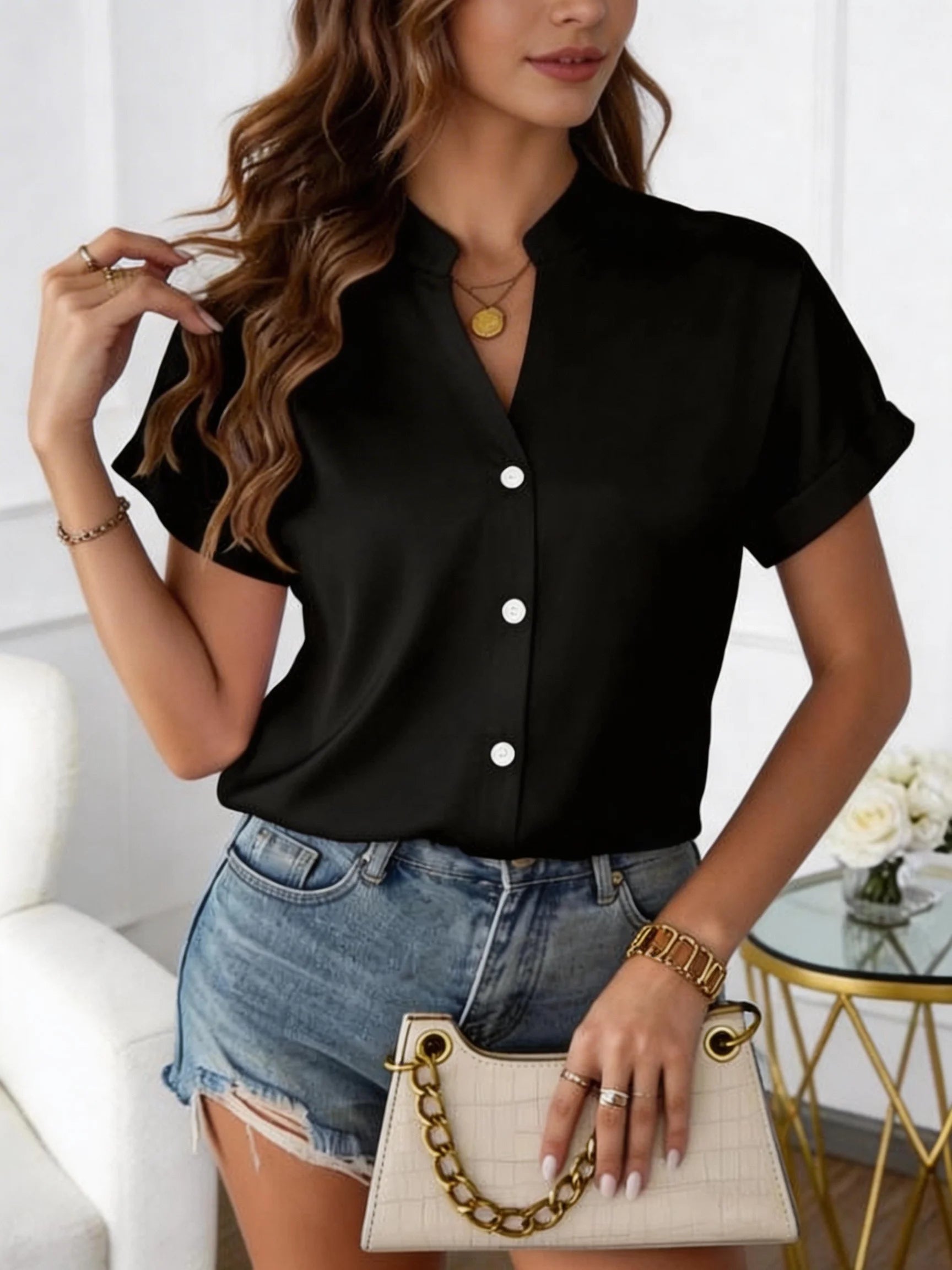 European style simple V-neck blouse for women - Summer short-sleeved loose-fitting slimming professional business shirt