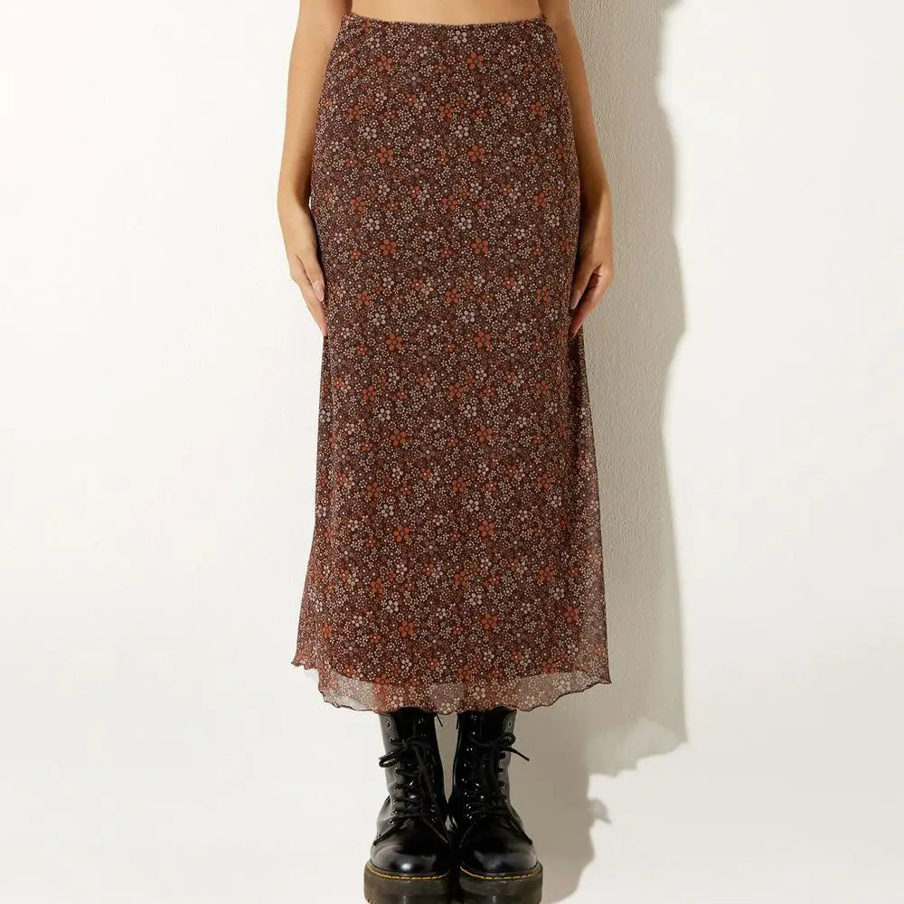 Women Y2K Fairy Grunge Midi Skirt A Line Pleated Bodycon Long Skirt Floral Print Mesh Maxi Skirts Vintage Fairycore Streetwear