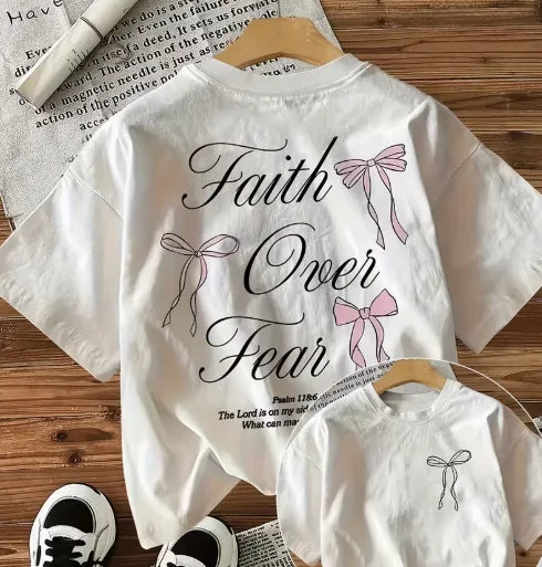 "Faith Over Fear" Inspirational Quote & Bow Print Double-Sided T-Shirt Women's Casual Crew Neck Short Sleeve Regular Length Tee
