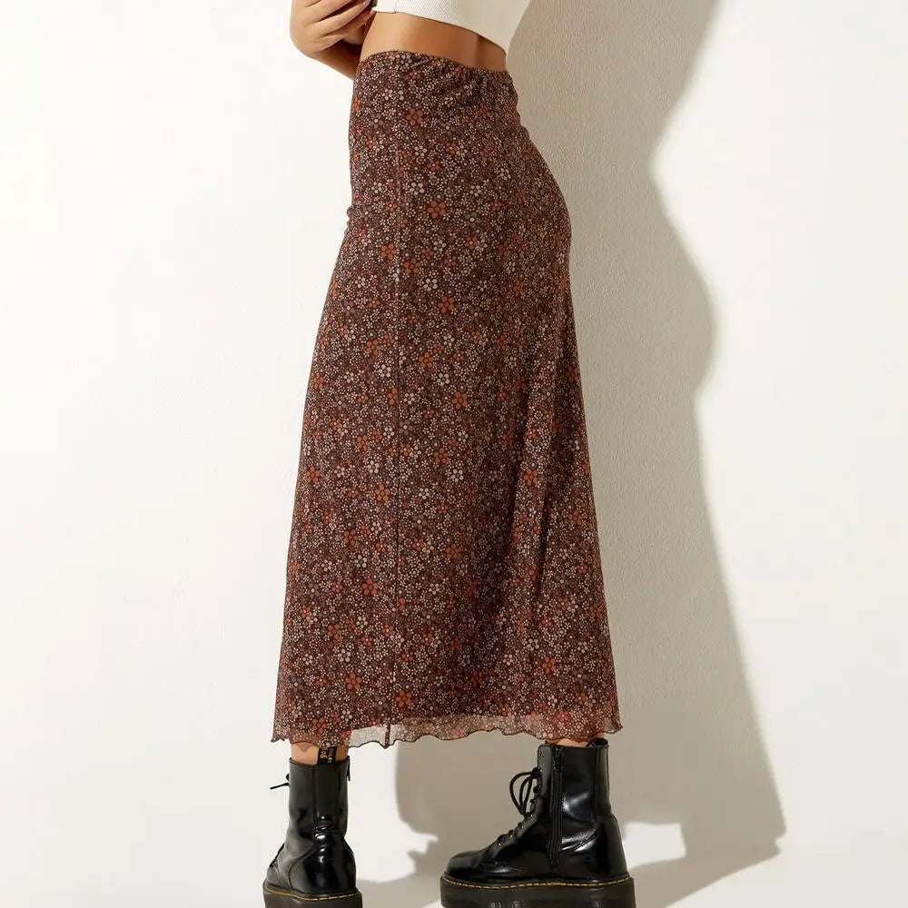 Women Y2K Fairy Grunge Midi Skirt A Line Pleated Bodycon Long Skirt Floral Print Mesh Maxi Skirts Vintage Fairycore Streetwear