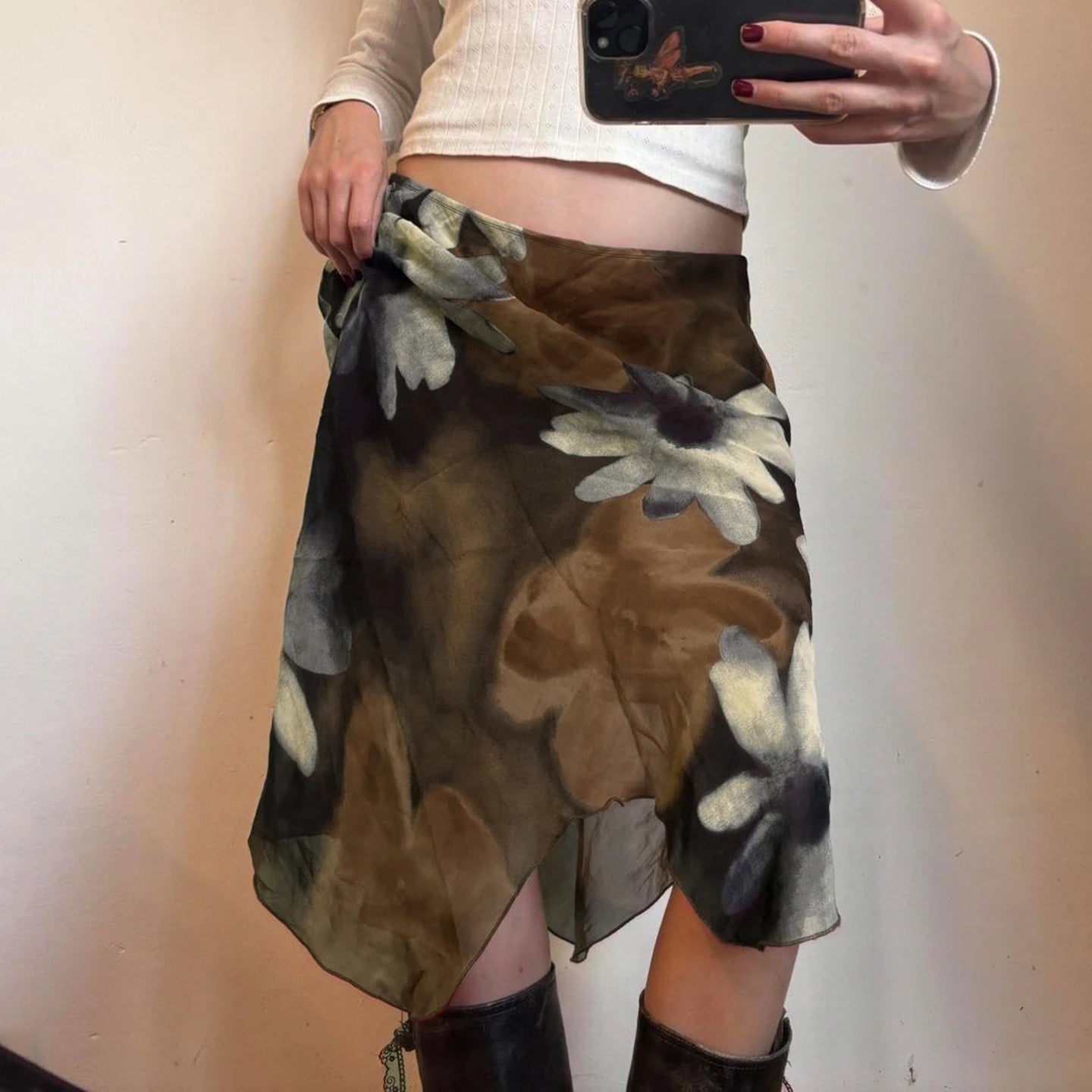 SUCHCUTE Y2K Floral Print Mesh Asymmetrical Skirt Woman Low Rise Midi A-line Skirts Aestheics 2000s Clothing Summer Outfit 2026
