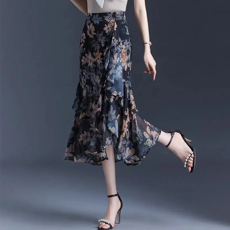 Printing Fashion Floral Skirts Summer New High Waist Chiffon A-line Skirt Ladies Fashionable Ruffles Irregular High Waist Skirt