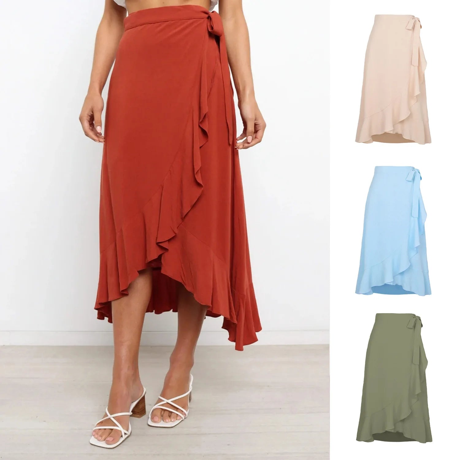 Long Skirts For Womens 2026 Summer Fashion Lace Up Ruffles Solid Color High Waist Bodycon Skirt Female Casual Chiffon Skirt