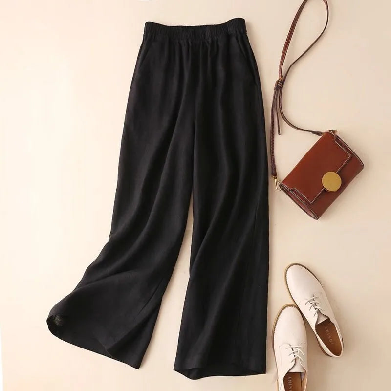 Cotton Linen Straight Leg Pants Women Summer Loose Versatile Large Size Linen Nine Points Casual Thin Ladies Trousers