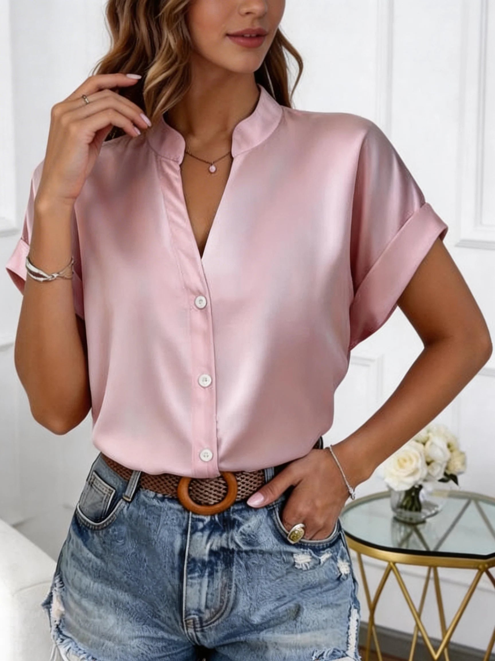 European style simple V-neck blouse for women - Summer short-sleeved loose-fitting slimming professional business shirt