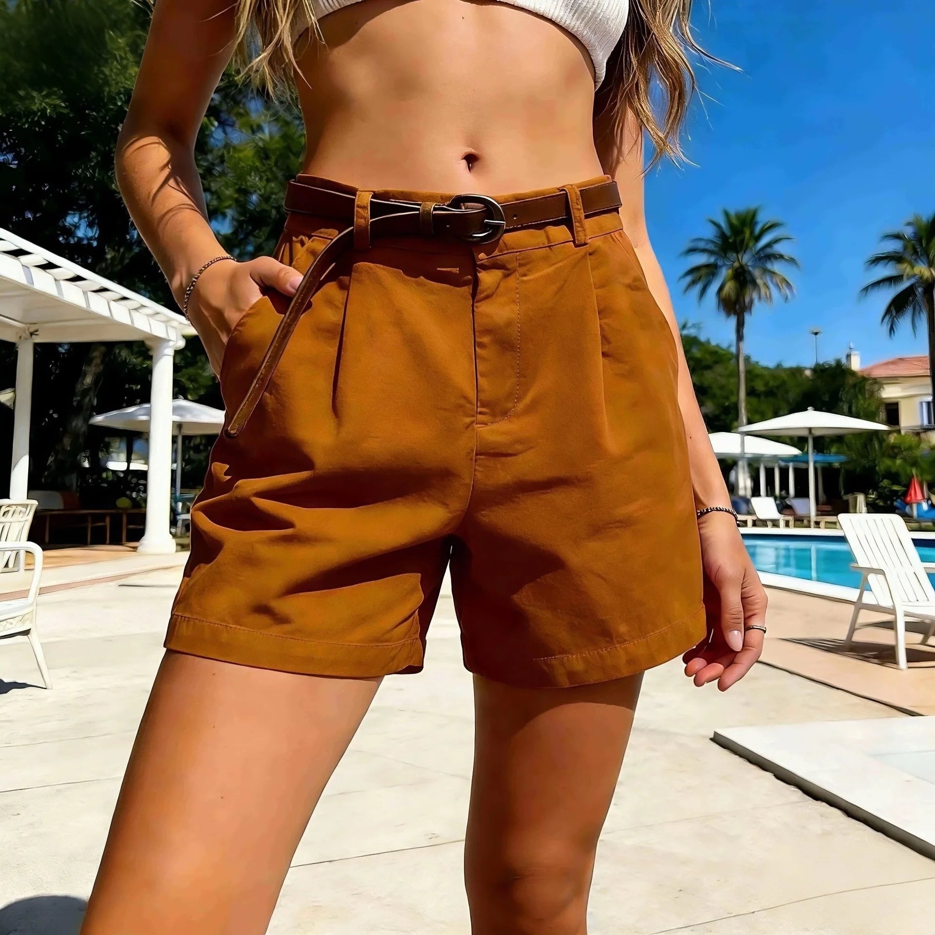Korean Solid Loose Casual Biker Shorts Women Spring Summer Women's Shorts High Waist Thin Wide Leg Short Pants with Belt