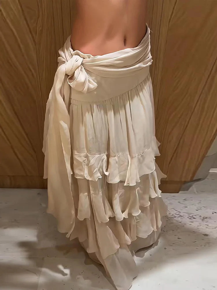 Ruffled Tiered Maxi Skirt Waist Tie High Slit Chiffon French Style Flowy Women Skirts 2026 Spring Summer Solid Fashion Outfits