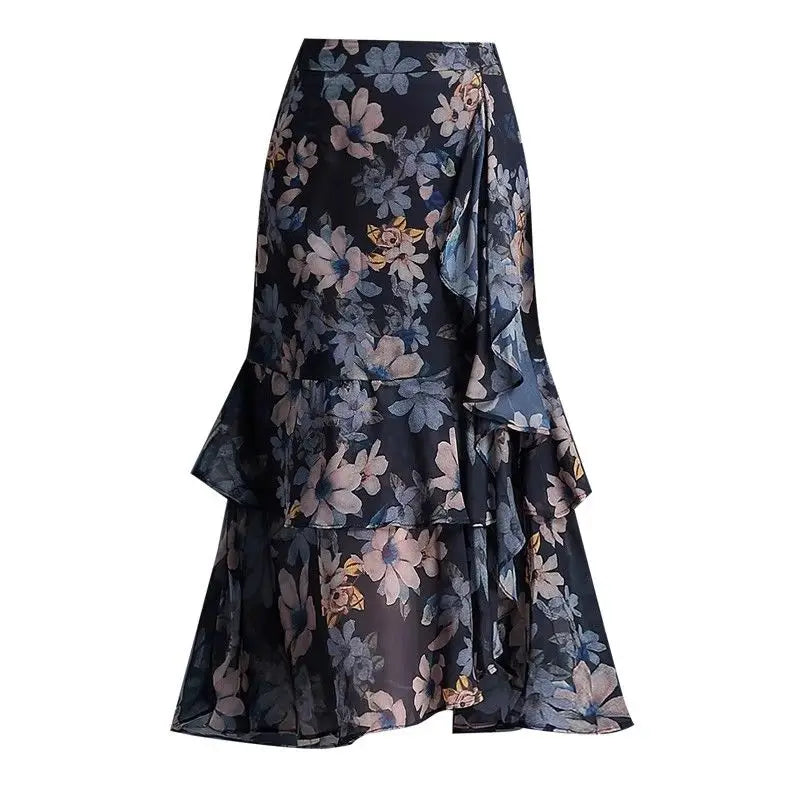 Printing Fashion Floral Skirts Summer New High Waist Chiffon A-line Skirt Ladies Fashionable Ruffles Irregular High Waist Skirt