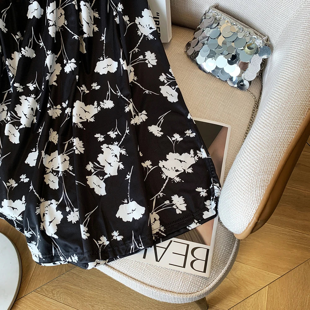 Summer Casual Skirt Womens A-Line Skirts Fashion Vintage Floral Printed Chiffon Skirts Elastic High Waist Midi Beach Skirts