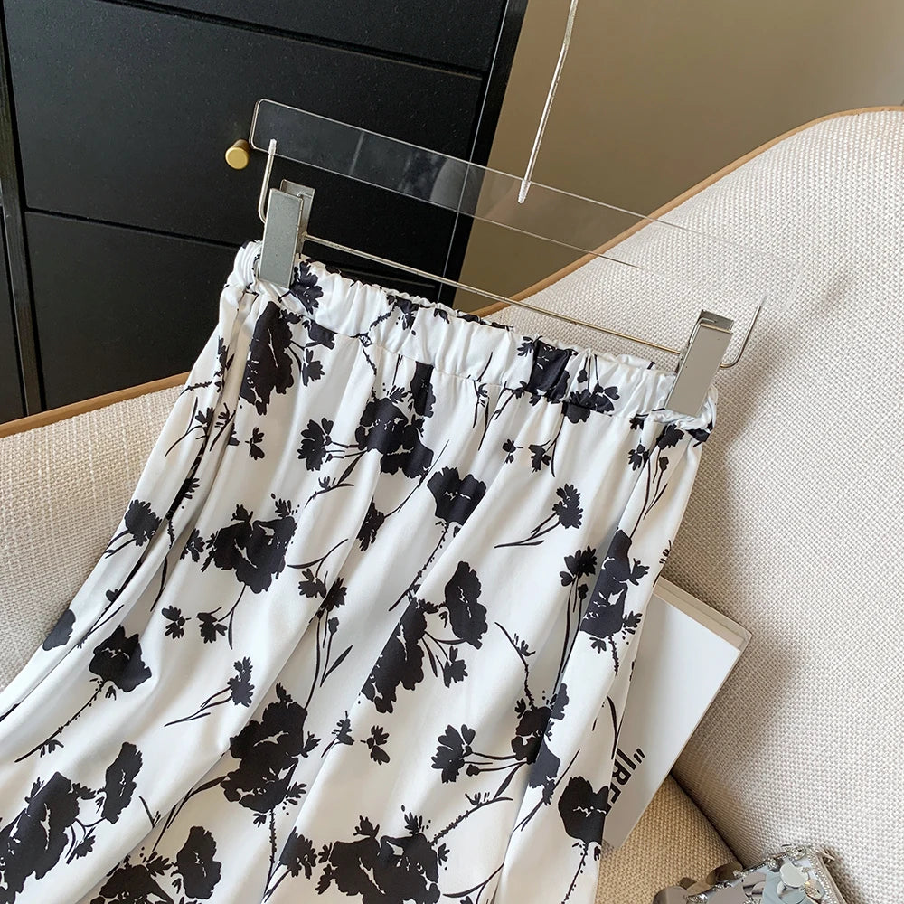 Summer Casual Skirt Womens A-Line Skirts Fashion Vintage Floral Printed Chiffon Skirts Elastic High Waist Midi Beach Skirts