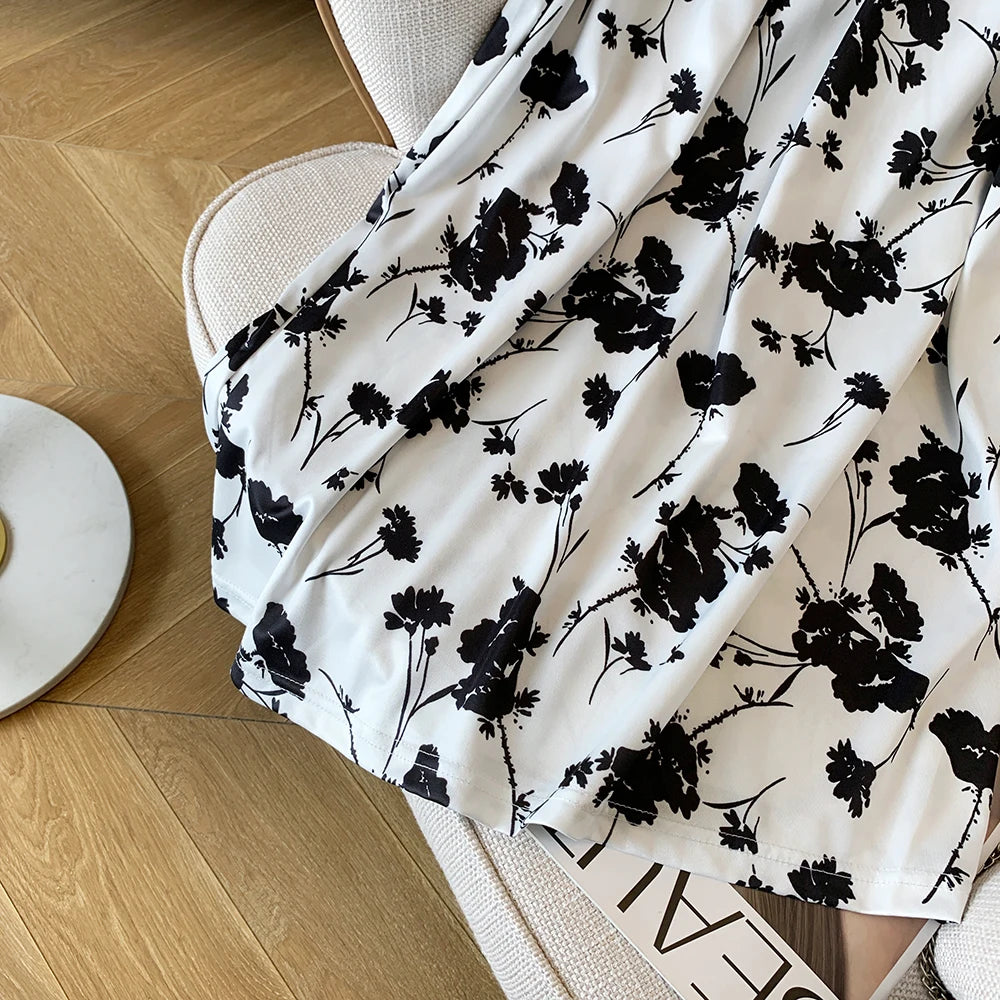 Summer Casual Skirt Womens A-Line Skirts Fashion Vintage Floral Printed Chiffon Skirts Elastic High Waist Midi Beach Skirts
