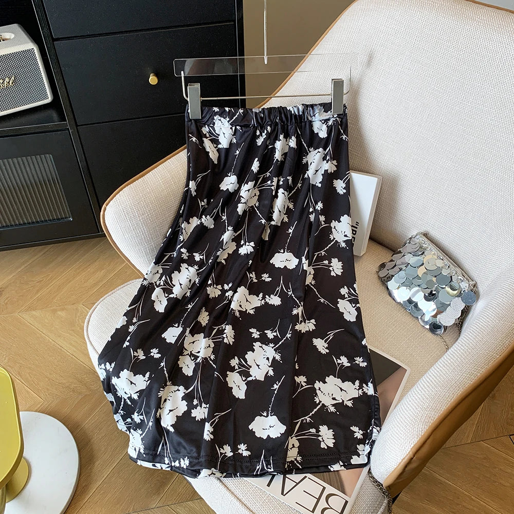 Summer Casual Skirt Womens A-Line Skirts Fashion Vintage Floral Printed Chiffon Skirts Elastic High Waist Midi Beach Skirts