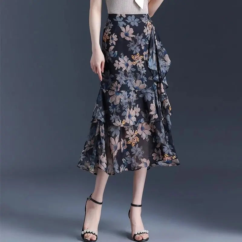 Printing Fashion Floral Skirts Summer New High Waist Chiffon A-line Skirt Ladies Fashionable Ruffles Irregular High Waist Skirt