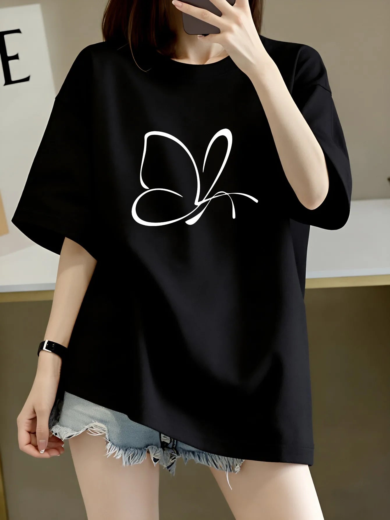 2026 Lady Tops Butterfly Print Sleeve T-Shirt Black White Red Light Gray Dark Gray Casual  Harajuku Sleeve Casual Aesthetic